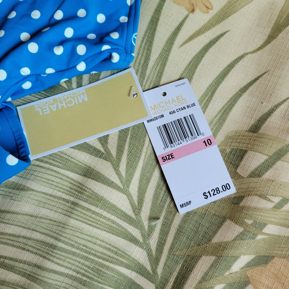 Michael Kors Polka Dot One Piece Swimwear Belt Halter Cyan Blue White 10 - Picture 7 of 13